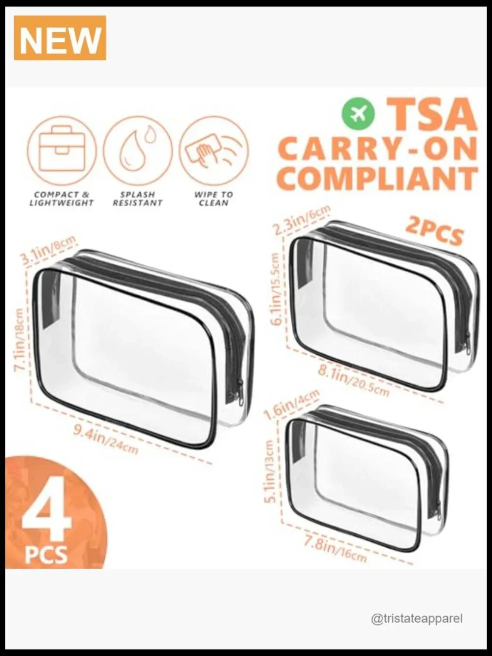 3-Piece Clear Travel Toiletry Bag Set TSA Approved Waterproof PVC Cosmetic Pouch